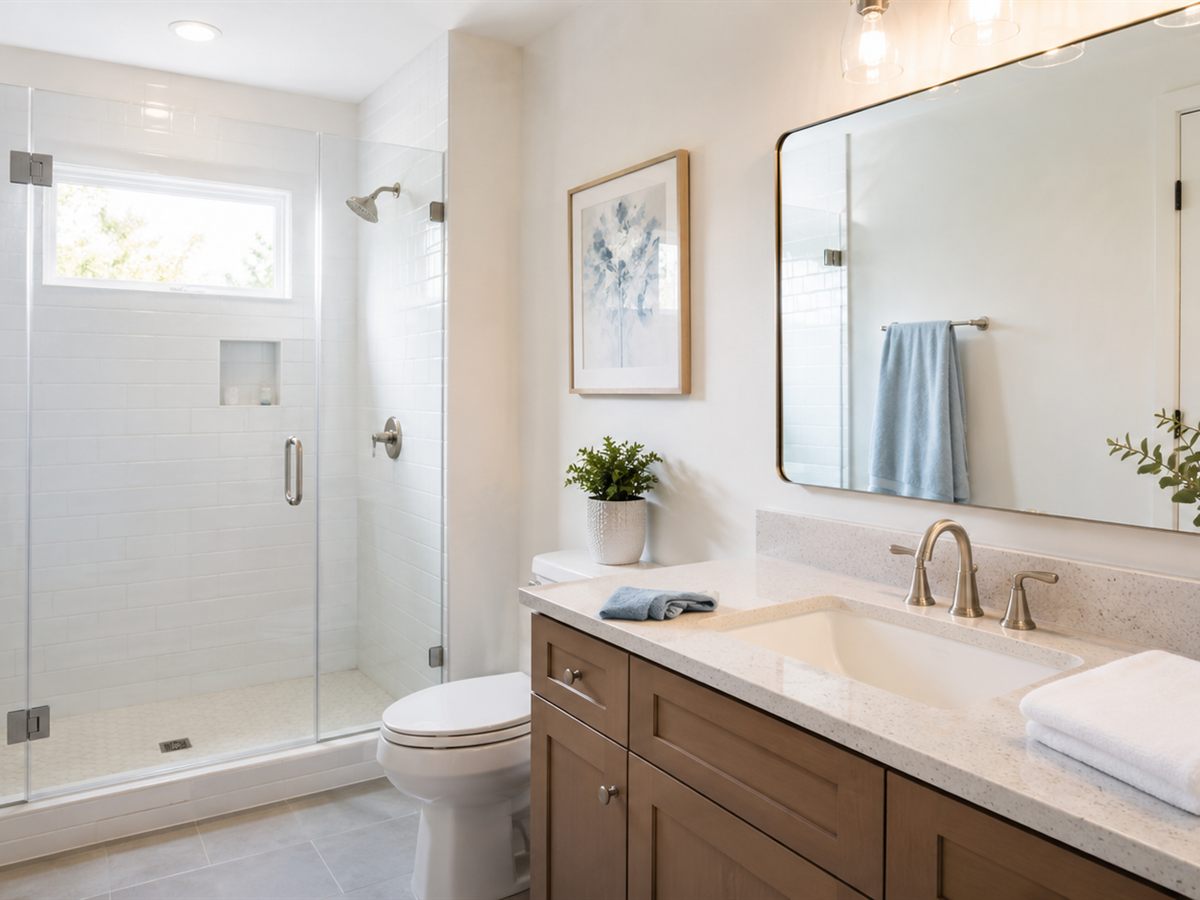 Clean bathroom with glass shower after a deep cleaning service